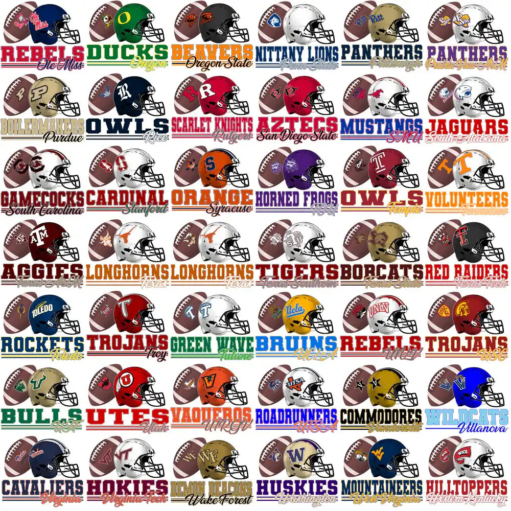 College football team helmets and logos for DTF, DTG, embroidery designs – print-ready PNG, SVG, PES