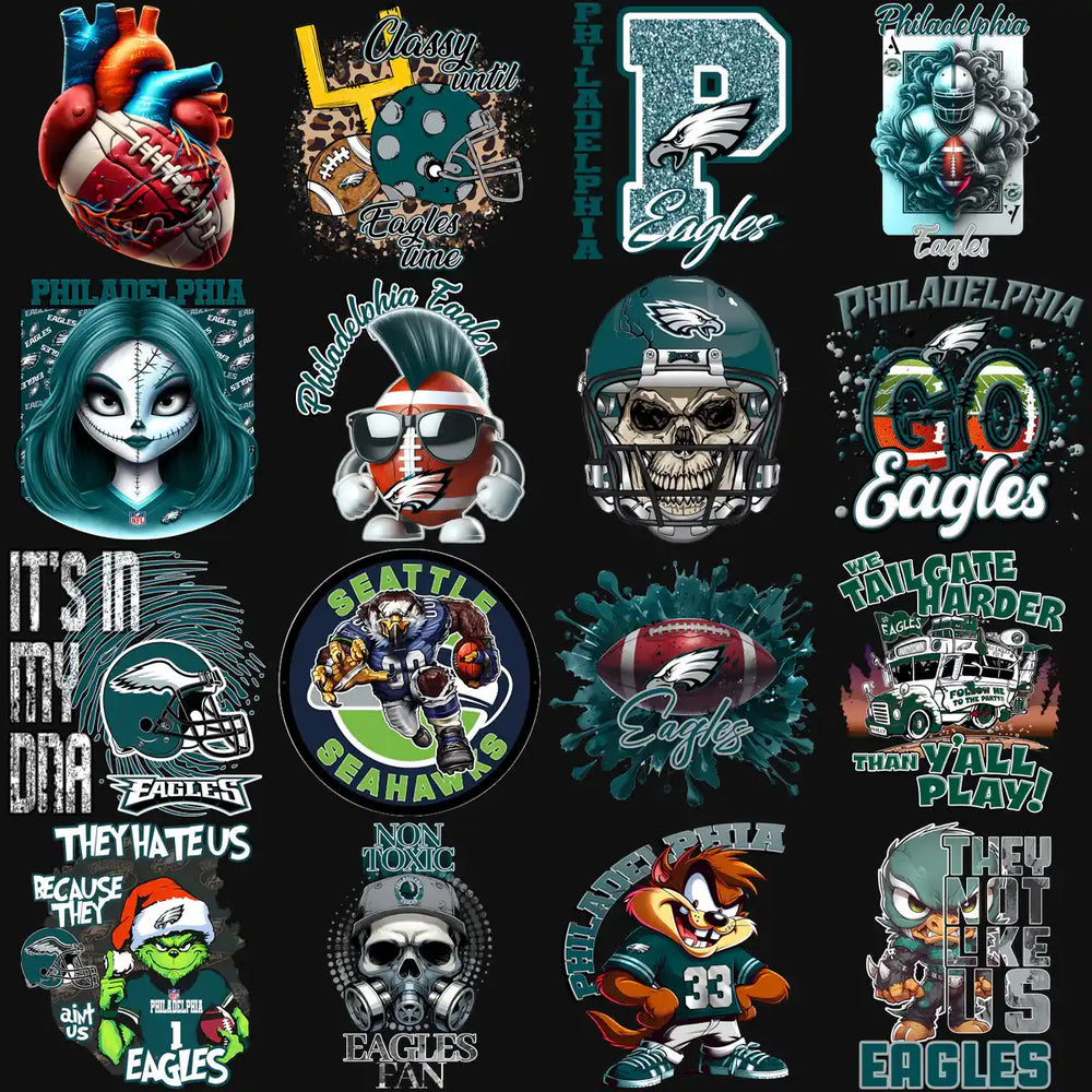 Philadelphia Eagles fan designs with skulls, helmets, and team logos for DTF/DTG printing