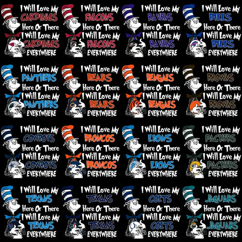 Dr. Seuss-style NFL team designs for DTF/DTG, embroidery, and tumbler wraps with team logos and slogans.