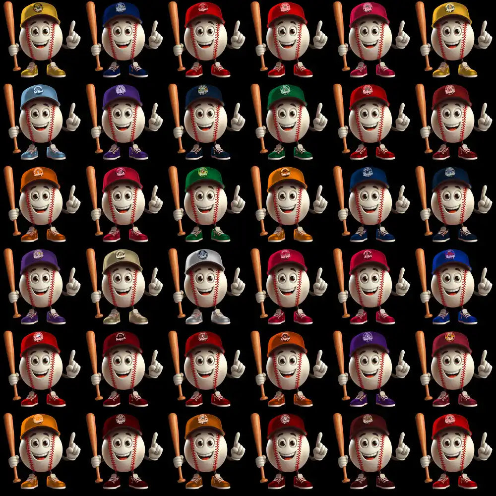 Cartoon baseball characters with caps, bats, and sneakers in colorful designs for DTF/DTG printing
