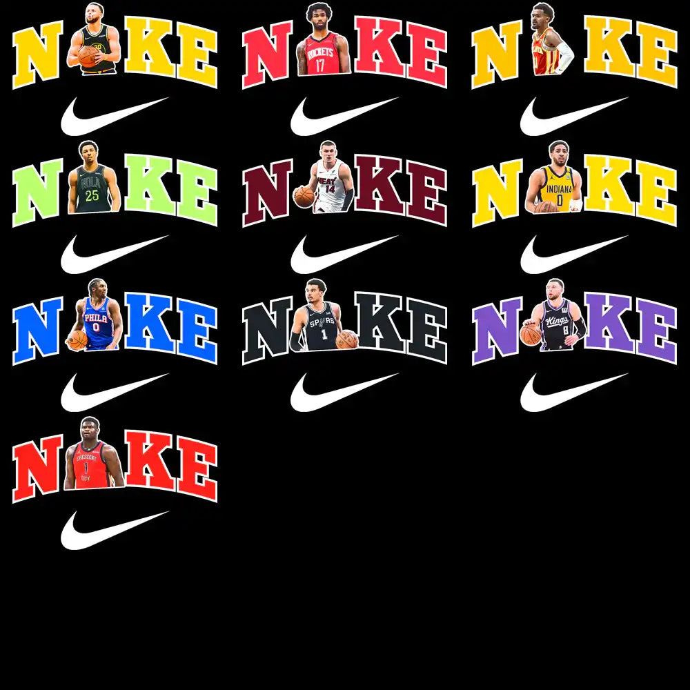 Basketball player designs with Nike logos in vibrant colors for DTF/DTG printing