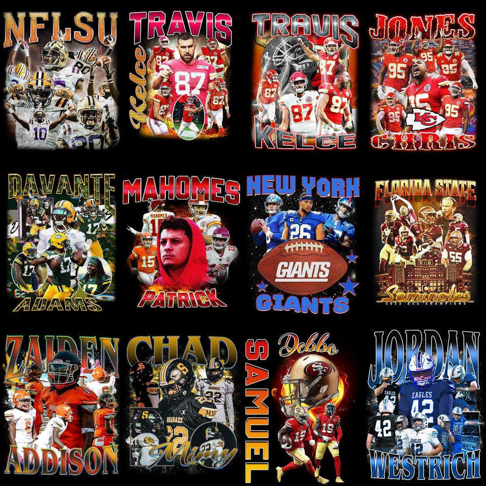 Football player designs for DTF/DTG, embroidery, and tumbler wraps with team logos and names.