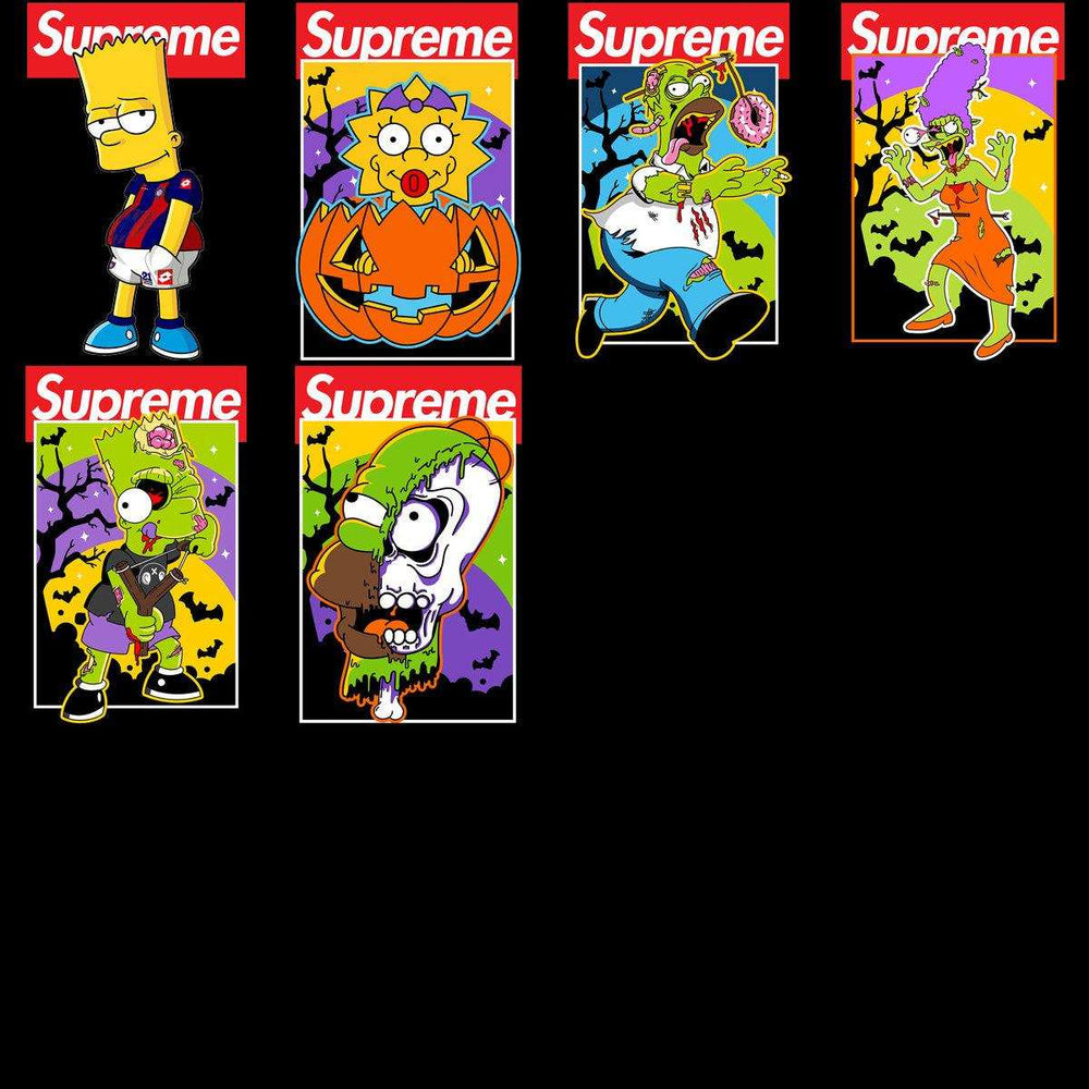 Halloween Simpsons characters in Supreme-style designs, print-ready PNG SVG for DTG DTF bundles