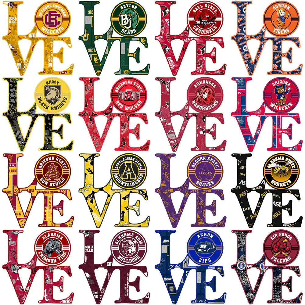 College team logos in 'LOVE' designs for DTF/DTG and embroidery, print-ready PNG, SVG, PES