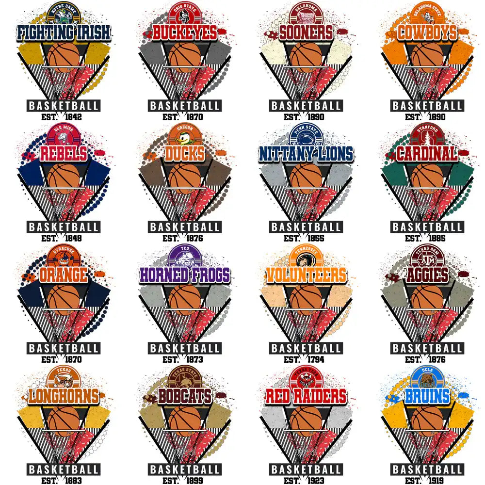 College basketball team logos with hoops, balls, and vintage designs for DTF/DTG printing