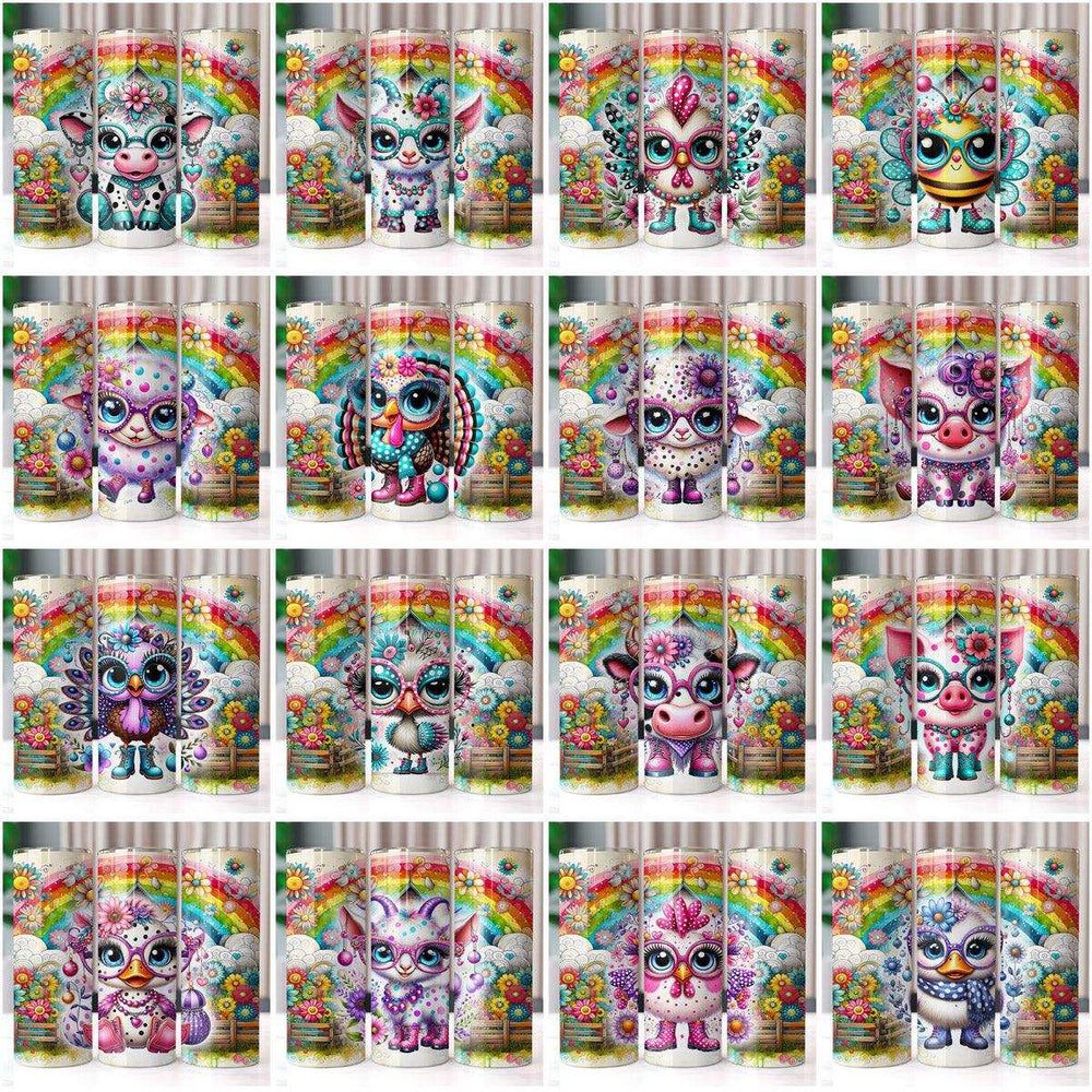 Colorful rainbow animal tumbler wraps with floral patterns, perfect for DTF/DTG printing and sublimation.