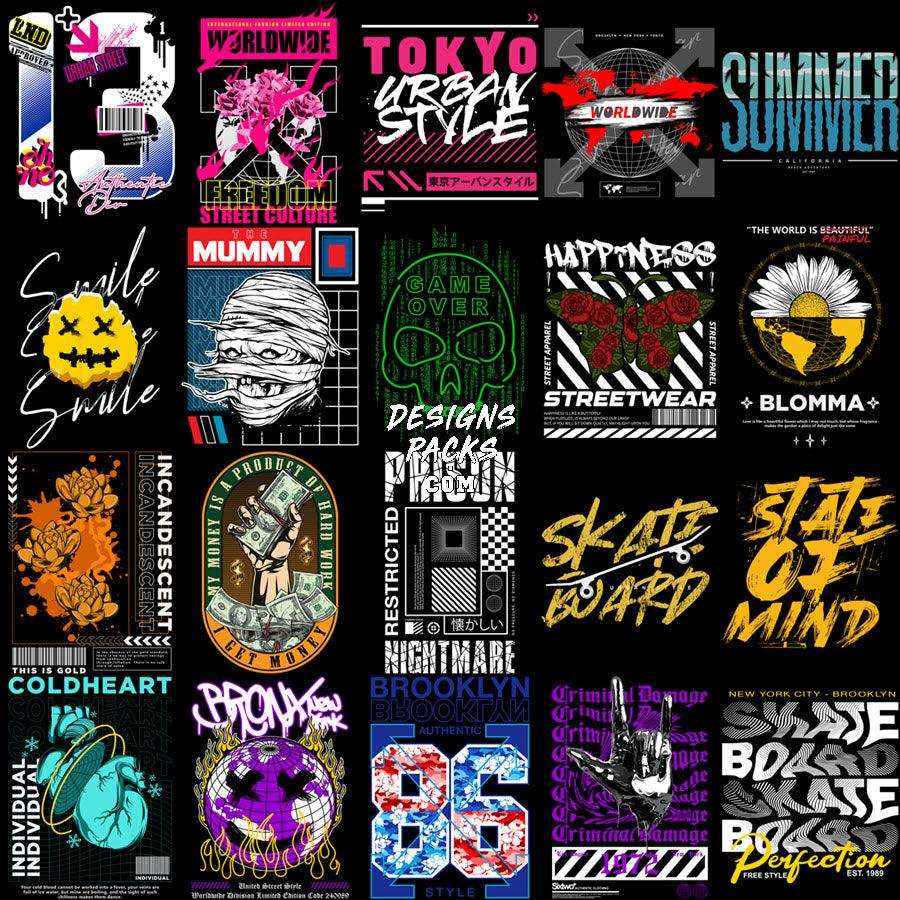 Streetwear graphic designs for t-shirts, featuring urban, skate, and Tokyo themes with bold typography and vibrant colors.