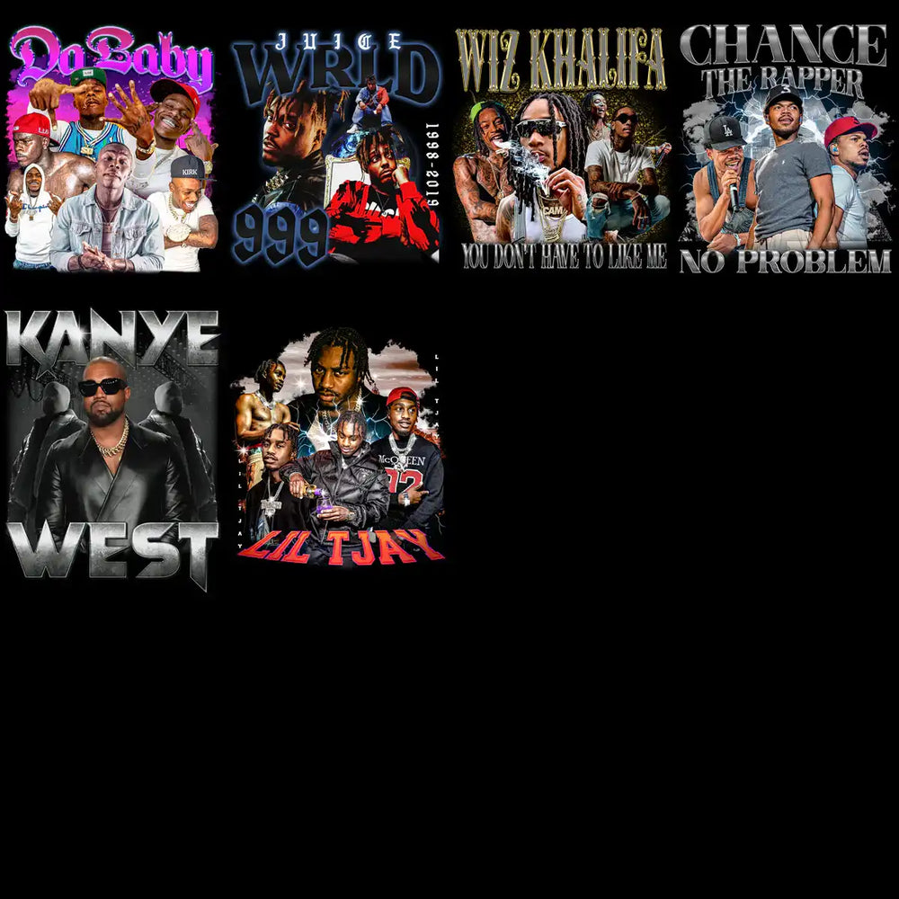 Rapper-themed designs for DTF/DTG, embroidery, and tumbler wraps featuring artists like Kanye West and Lil Tjay.