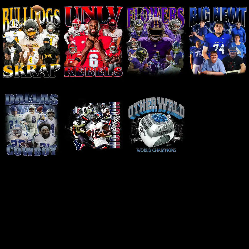 Football team designs with bold text, player collages, and championship rings for DTF/DTG printing