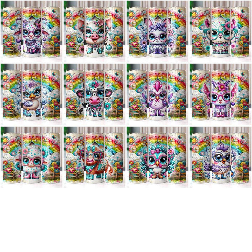 Colorful animal tumbler wraps with rainbows, flowers, and cute designs for DTF/DTG printing