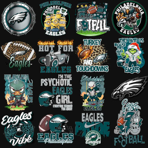 Philadelphia Eagles football designs with logos, minions, and game day themes for DTF/DTG printing