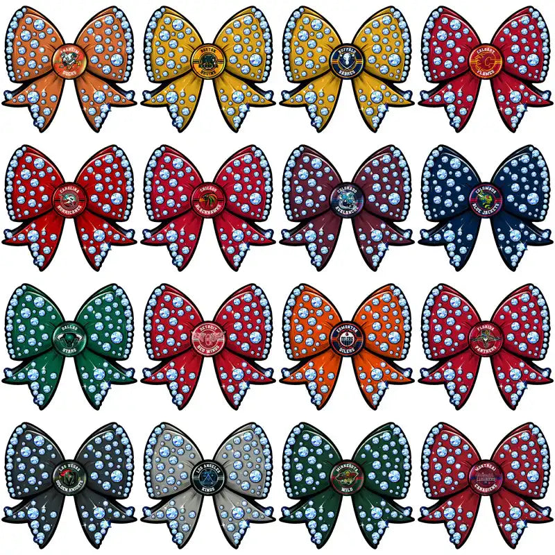 Sparkly rhinestone bow designs with team logos, perfect for DTF, DTG, or embroidery projects.