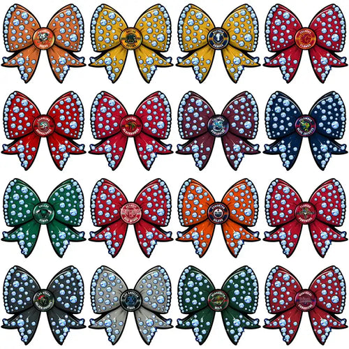 Sparkly rhinestone bow designs with team logos, perfect for DTF, DTG, or embroidery projects.
