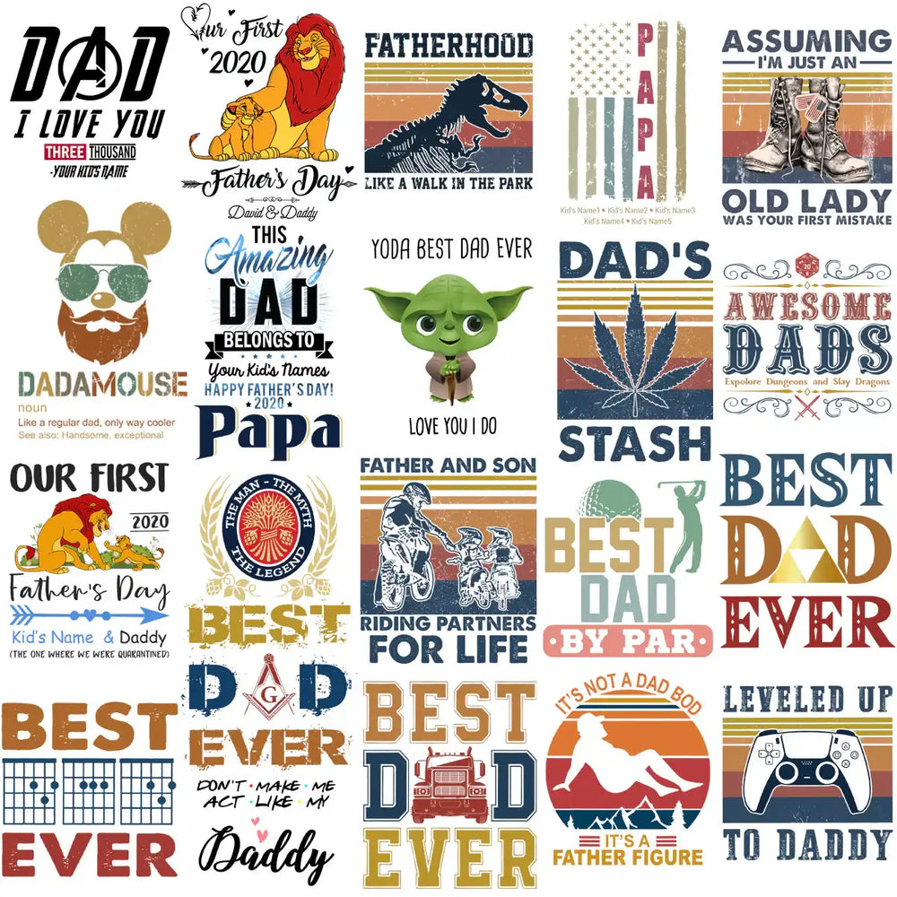 Father's Day designs bundle with dad-themed graphics, quotes, and pop culture art for t-shirts and gifts