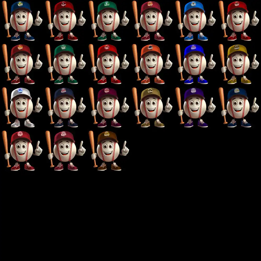 Cartoon baseball mascots with bats and caps, print-ready for DTF, DTG, embroidery, and tumbler wraps.