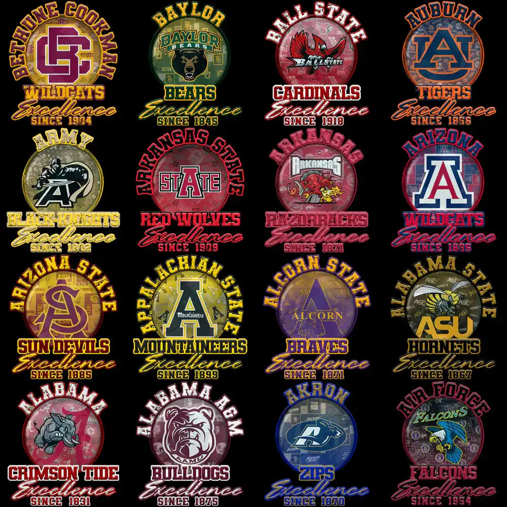 College sports team logos with 'Excellence Since' text, ideal for DTF/DTG and embroidery designs.
