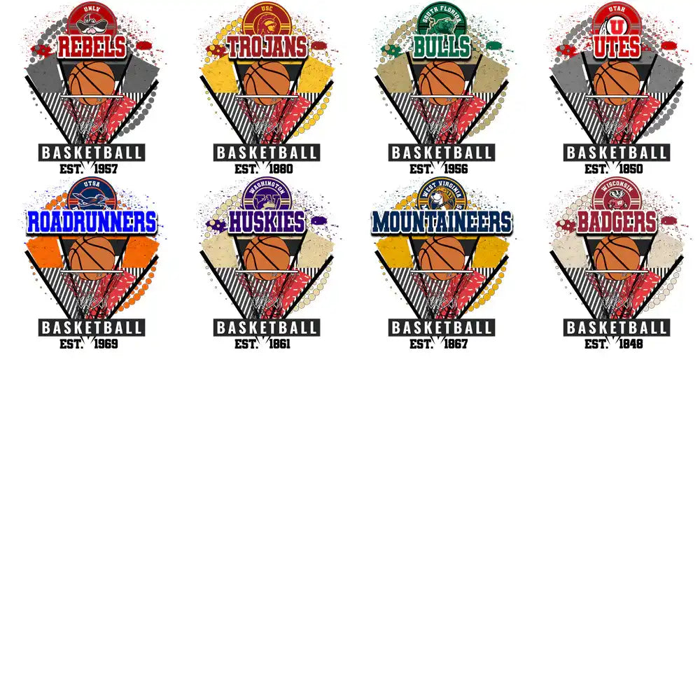 College basketball team logos with hoops, balls, and vintage designs for DTF/DTG printing