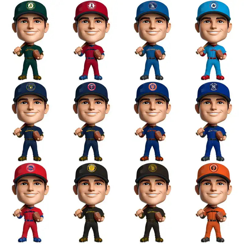 Baseball bobbleheads in team uniforms, holding gloves, perfect for sports fans and collectors.