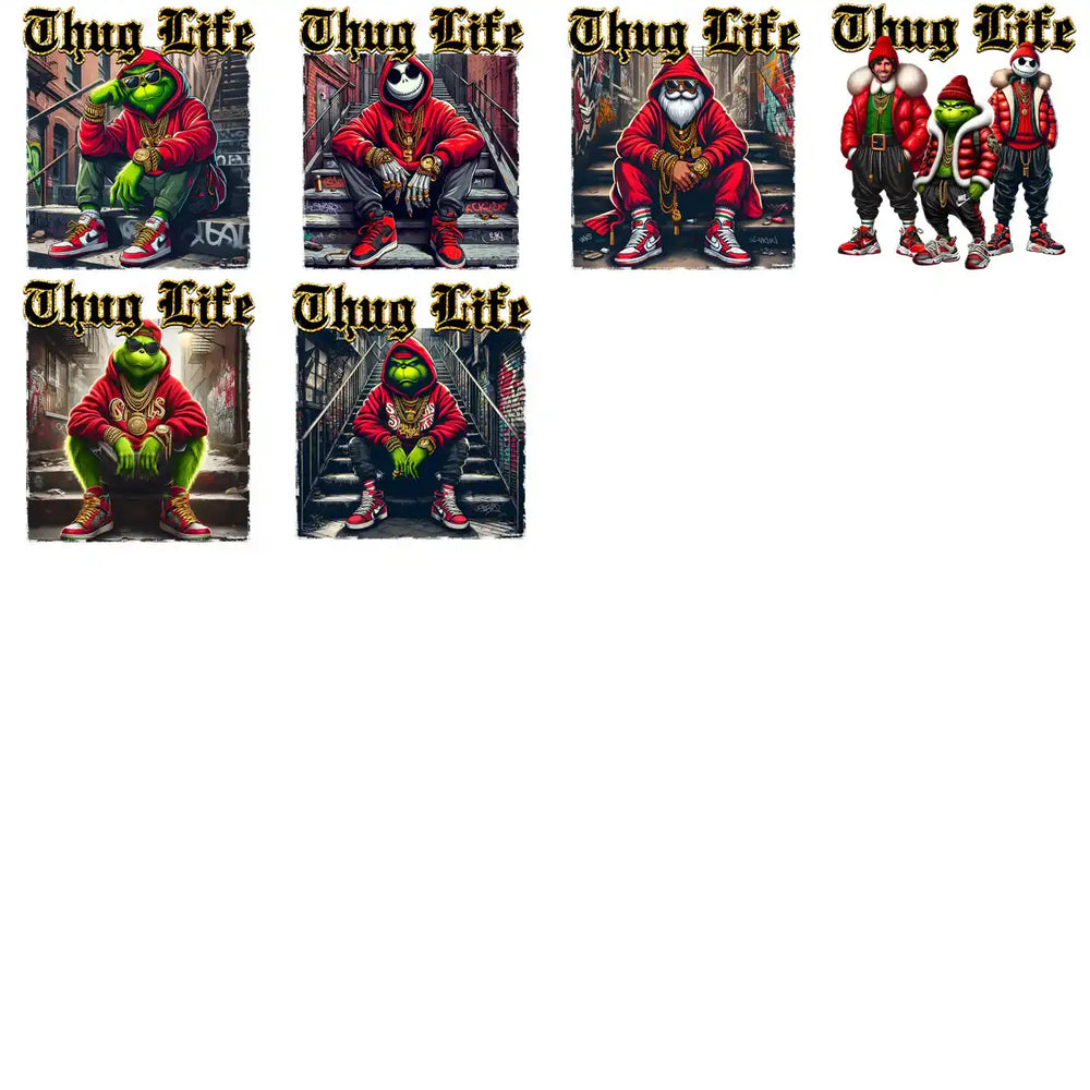 Thug Life frog and skeleton designs in red hoodies, urban graffiti backgrounds, print-ready PNG