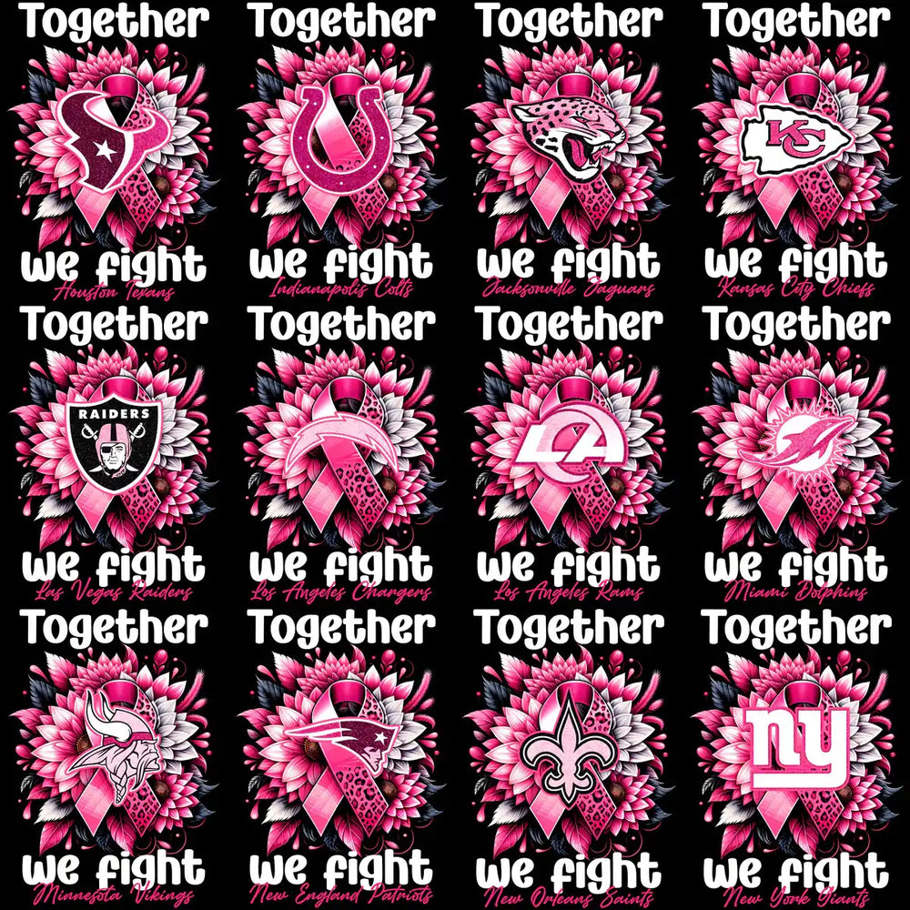 Pink ribbon NFL team designs with floral patterns for breast cancer awareness