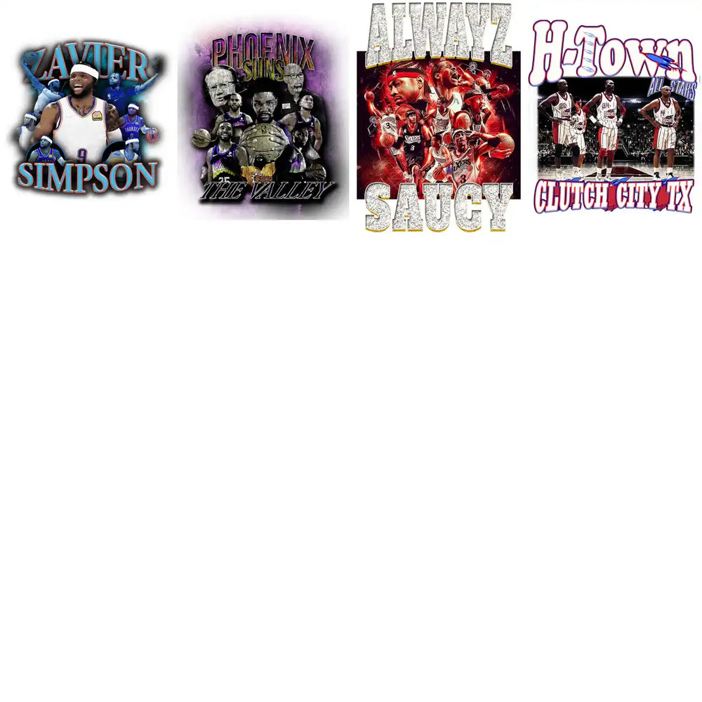 Basketball-themed designs for DTF/DTG, embroidery, and tumbler wraps featuring team graphics and player art.