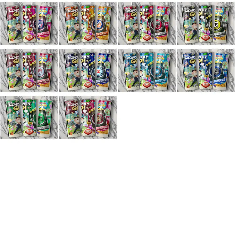 Monopoly Go! game-themed tumbler wraps with vibrant designs and print-ready graphics for customization.