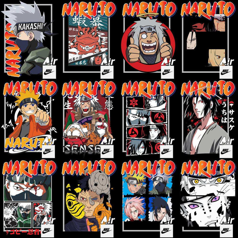 Naruto anime character designs with Nike Air branding, print-ready for DTF, DTG, embroidery