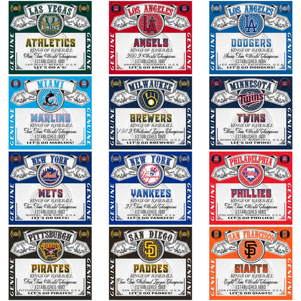 MLB baseball team designs for DTF, DTG, embroidery. Kings of Baseball vintage labels, print-ready PNG SVG.