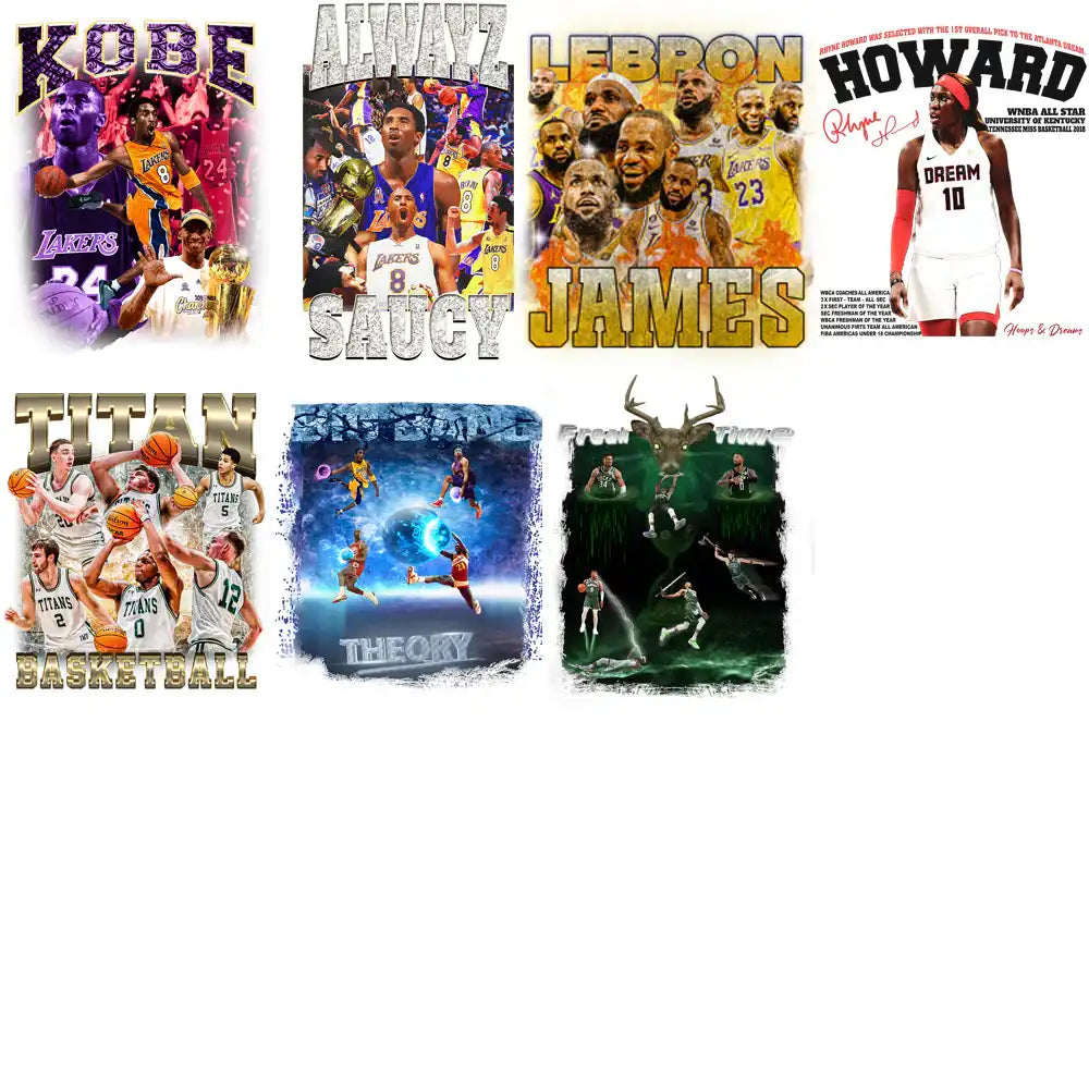 Basketball designs featuring Kobe, LeBron, Howard, and team themes for DTF/DTG and embroidery