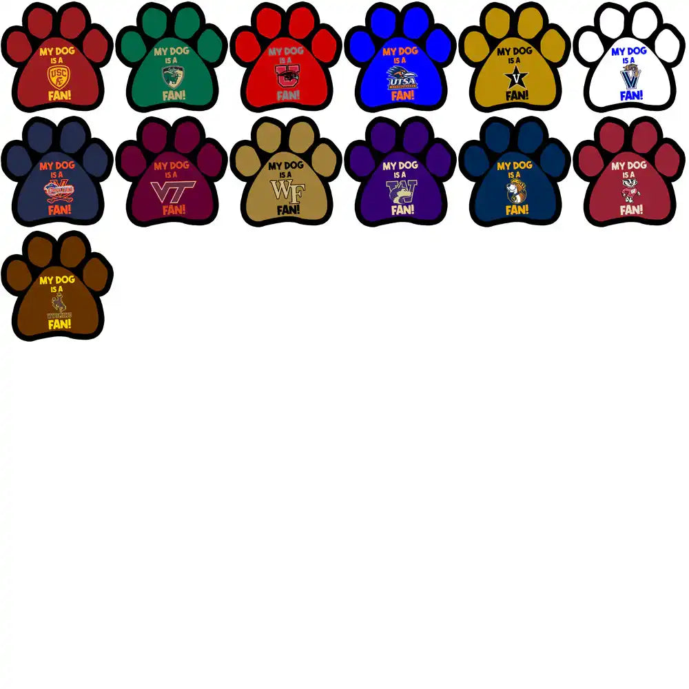 Colorful paw print designs with college team logos for dog fans, print-ready for DTF/DTG.