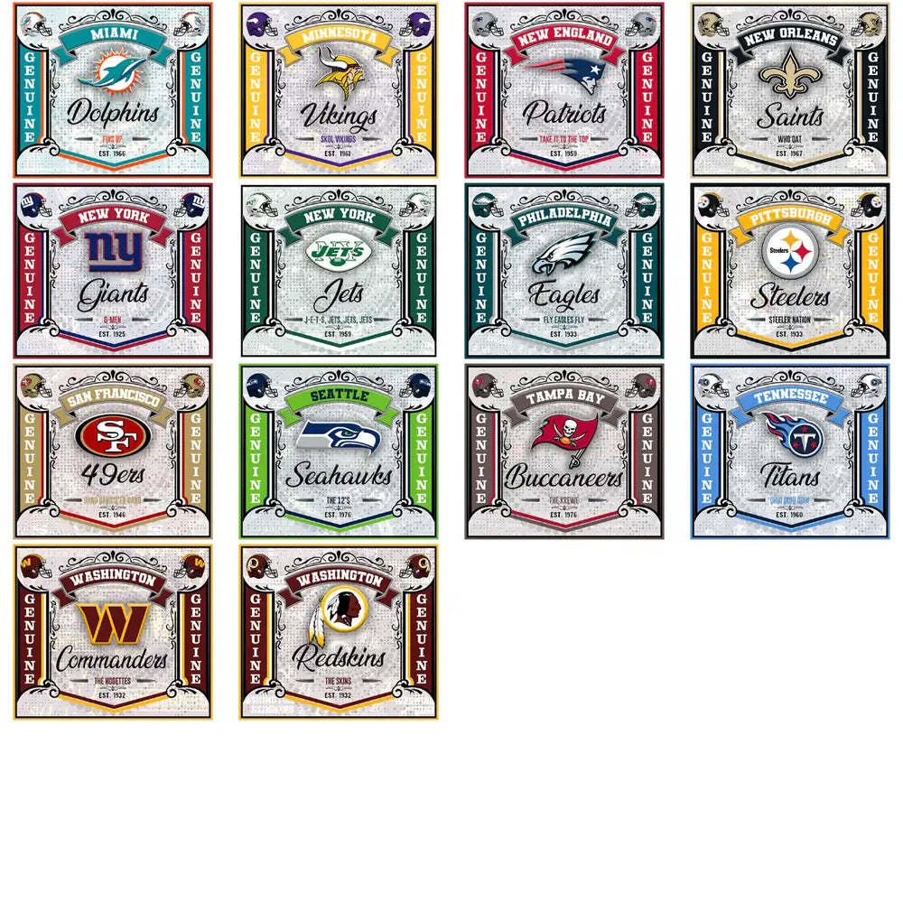 NFL team logos in vintage label designs for DTF, DTG, embroidery, and tumbler wraps