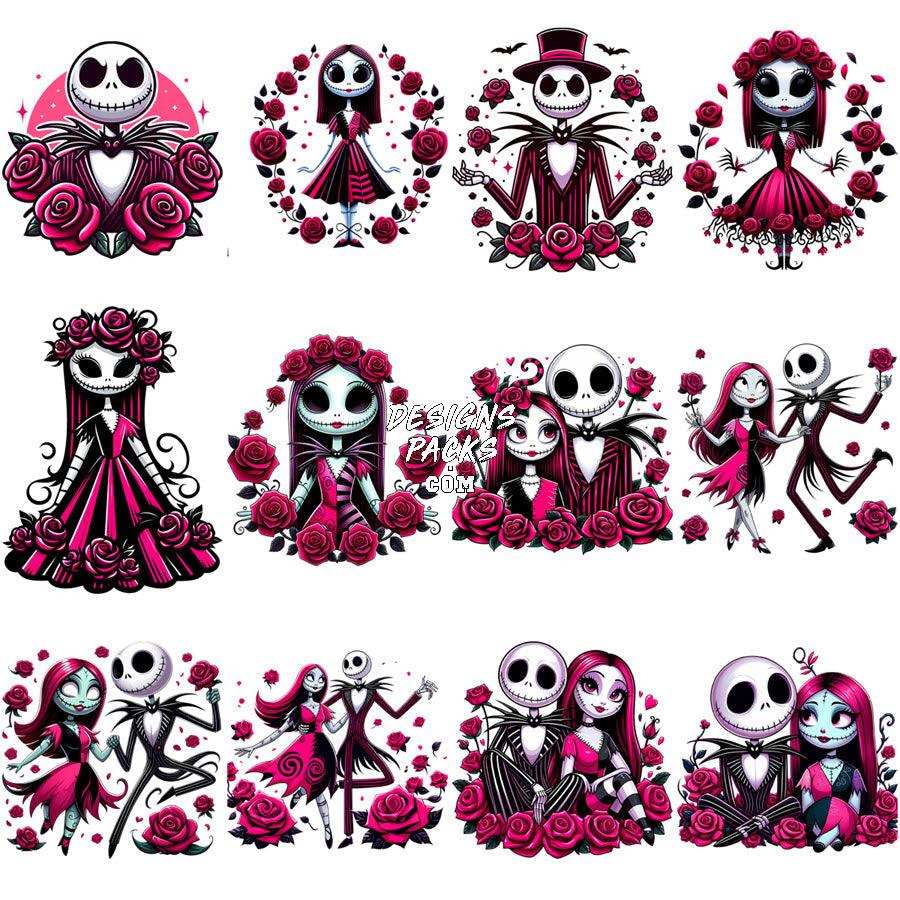 Jack and Sally romantic rose designs for DTF, DTG, embroidery, tumbler wraps — print-ready PNG, SVG, PES