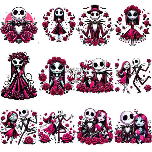 Jack and Sally romantic rose designs for DTF, DTG, embroidery, tumbler wraps — print-ready PNG, SVG, PES
