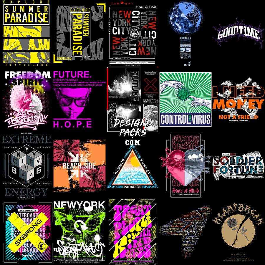 Print-ready DTF DTG designs bundle with bold graphics, streetwear themes, and vibrant typography for t-shirts and apparel.