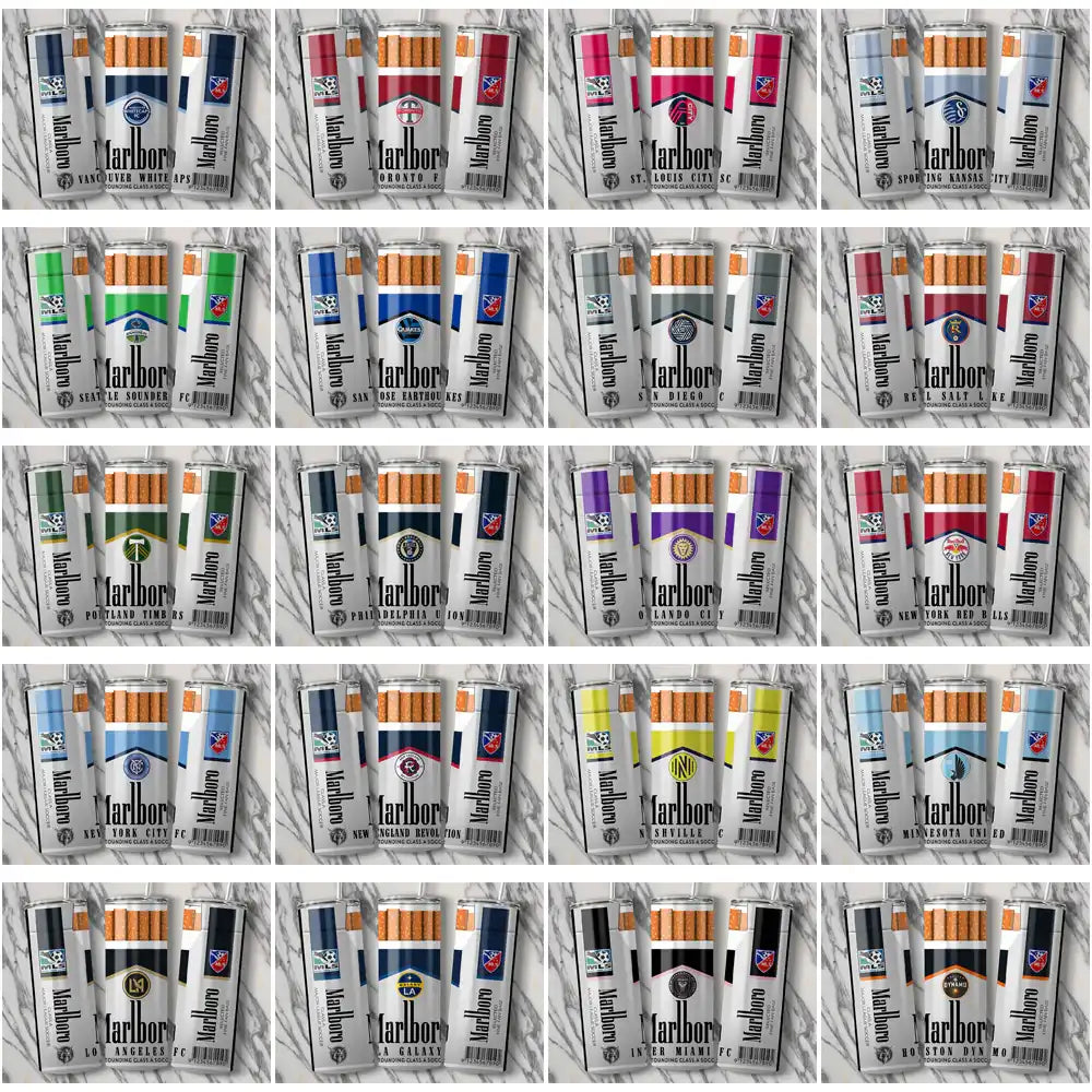 Marlboro cigarette packs with MLS team logos, print-ready designs for DTF, DTG, embroidery, and tumbler wraps.