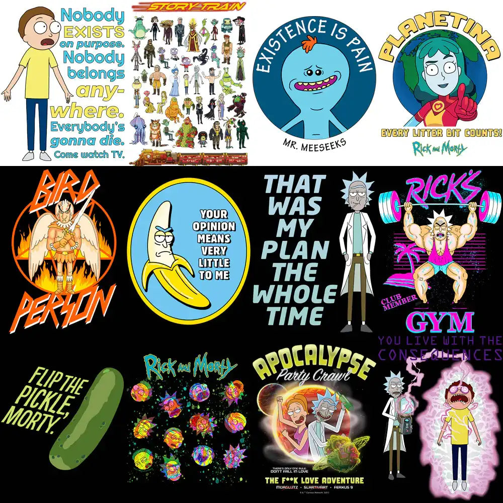 Rick and Morty themed print designs featuring quotes, characters, and funny graphics for t-shirts and merch.