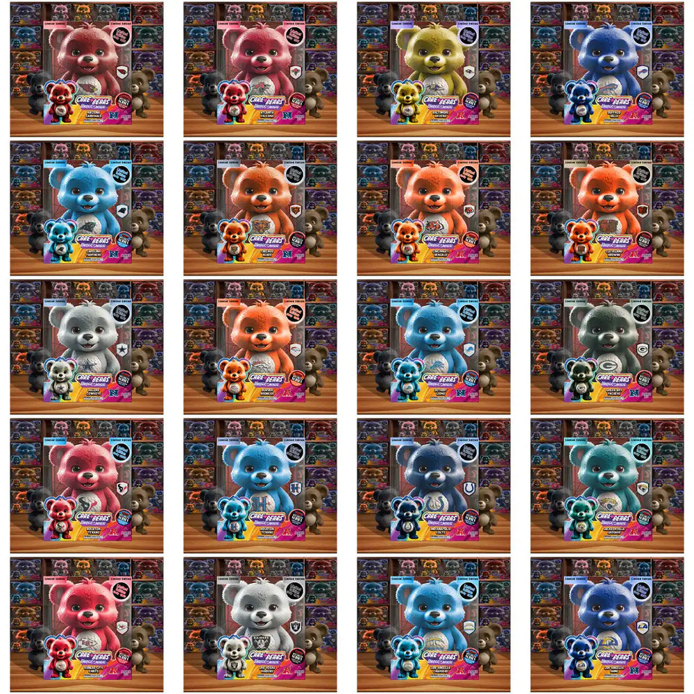 Care Bears NFL Team Edition collectible figures in colorful packaging, limited edition bear toys