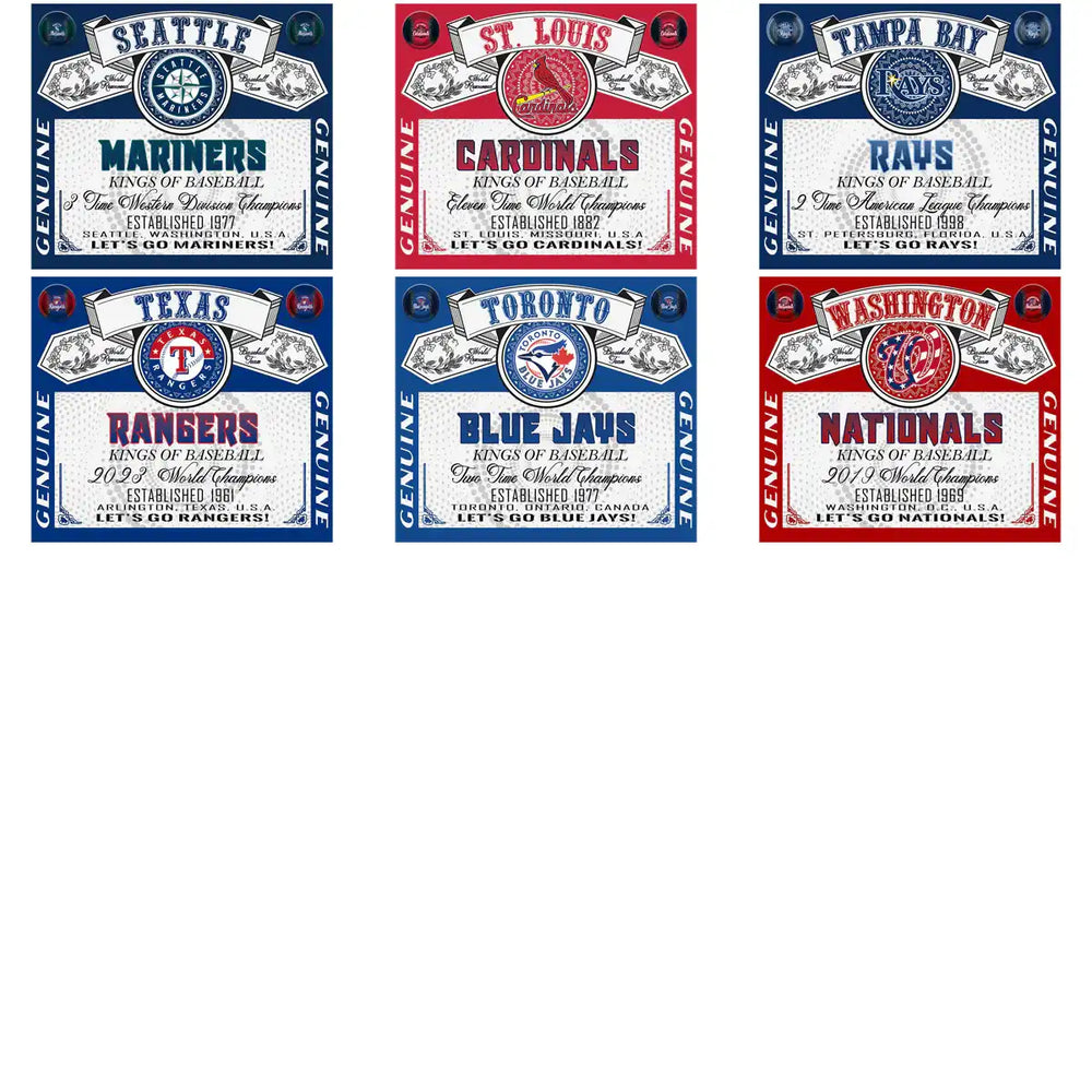 MLB baseball team designs for DTF/DTG printing: Mariners, Cardinals, Rays, Rangers, Blue Jays, Nationals