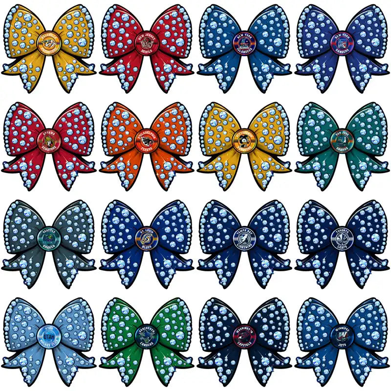 Sparkly NHL team bow designs for DTF, DTG, embroidery – print-ready PNG, SVG, PES bundles