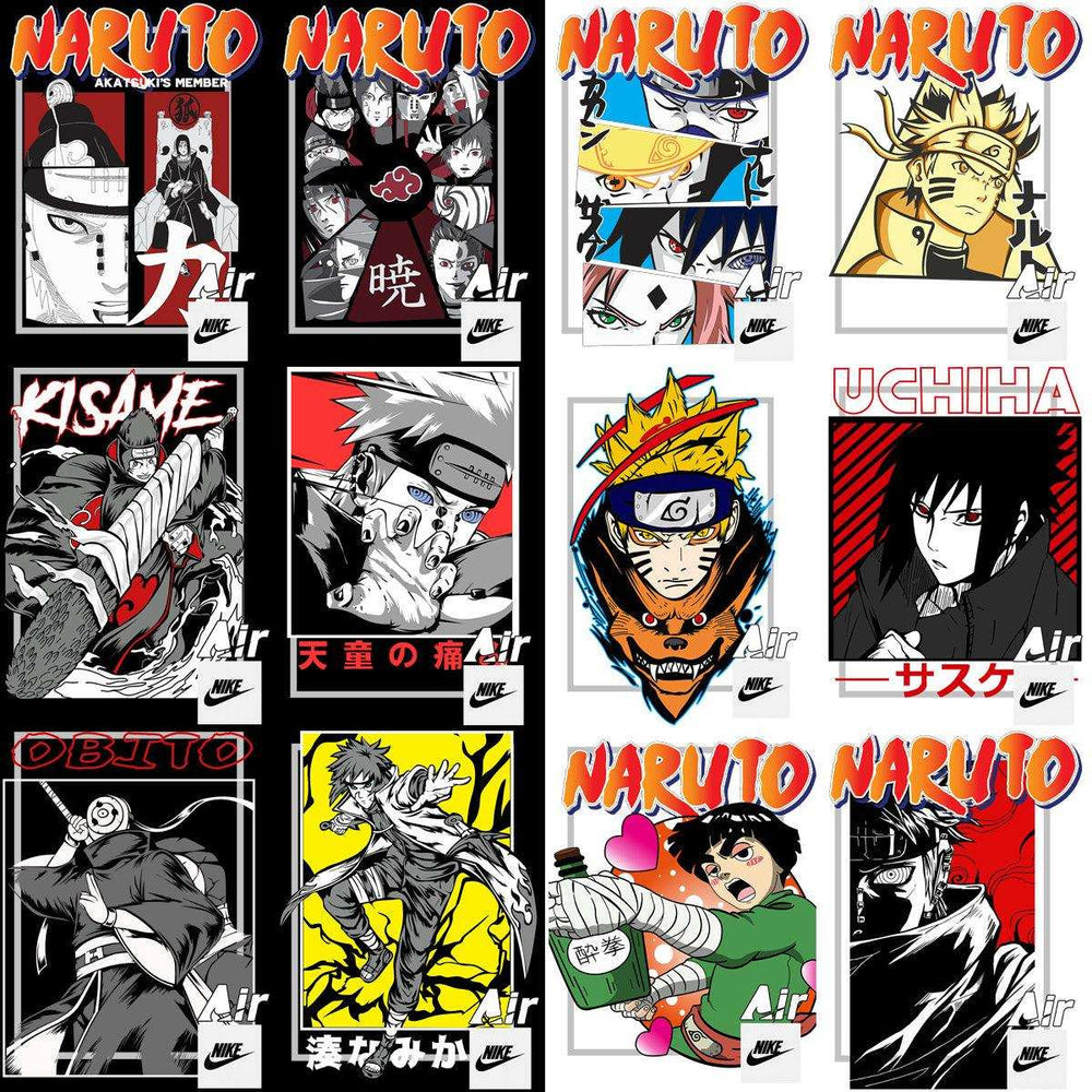 Naruto anime character designs with Nike Air branding, print-ready for DTF, DTG, embroidery