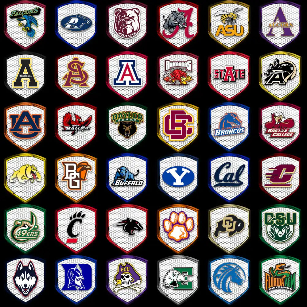 College sports team logos in shield designs for DTF, DTG, embroidery, and tumbler wraps