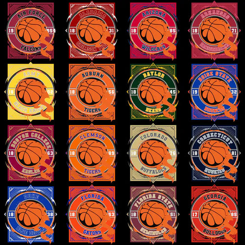 Basketball team logos with state names and mascots, print-ready designs for DTF/DTG and embroidery.