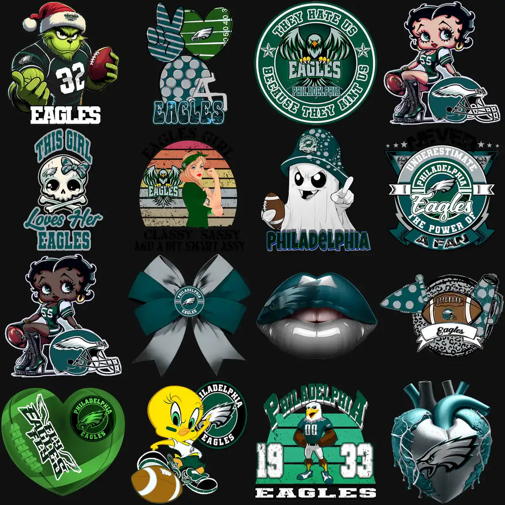 Philadelphia Eagles fan designs bundle with Grinch, Betty Boop, ghost, lips, heart, and team logos for DTF DTG printing