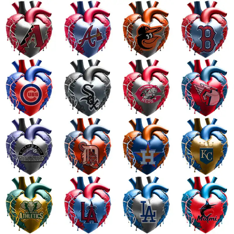Baseball team logos on heart-shaped designs for DTF/DTG and embroidery