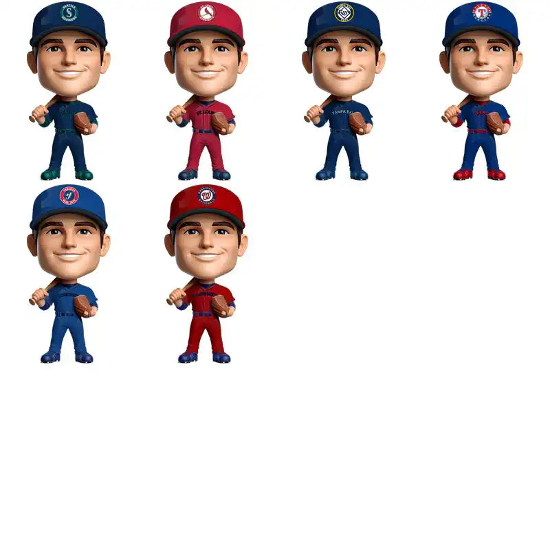 Six MLB bobblehead figurines in team uniforms holding bats and gloves, ideal for sports fans and collectors.