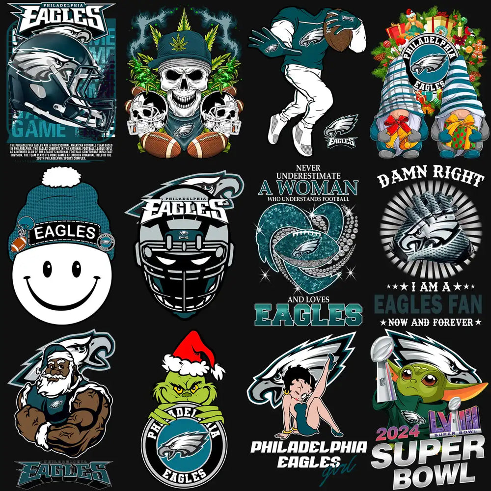 Philadelphia Eagles fan designs: helmets, Santa, Grinch, Super Bowl LVIII, and bold quotes for DTF/DTG printing