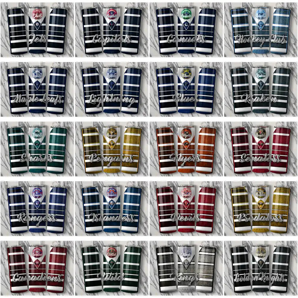 Hockey team tumbler wraps with team logos and striped designs, print-ready for DTF/DTG or embroidery.