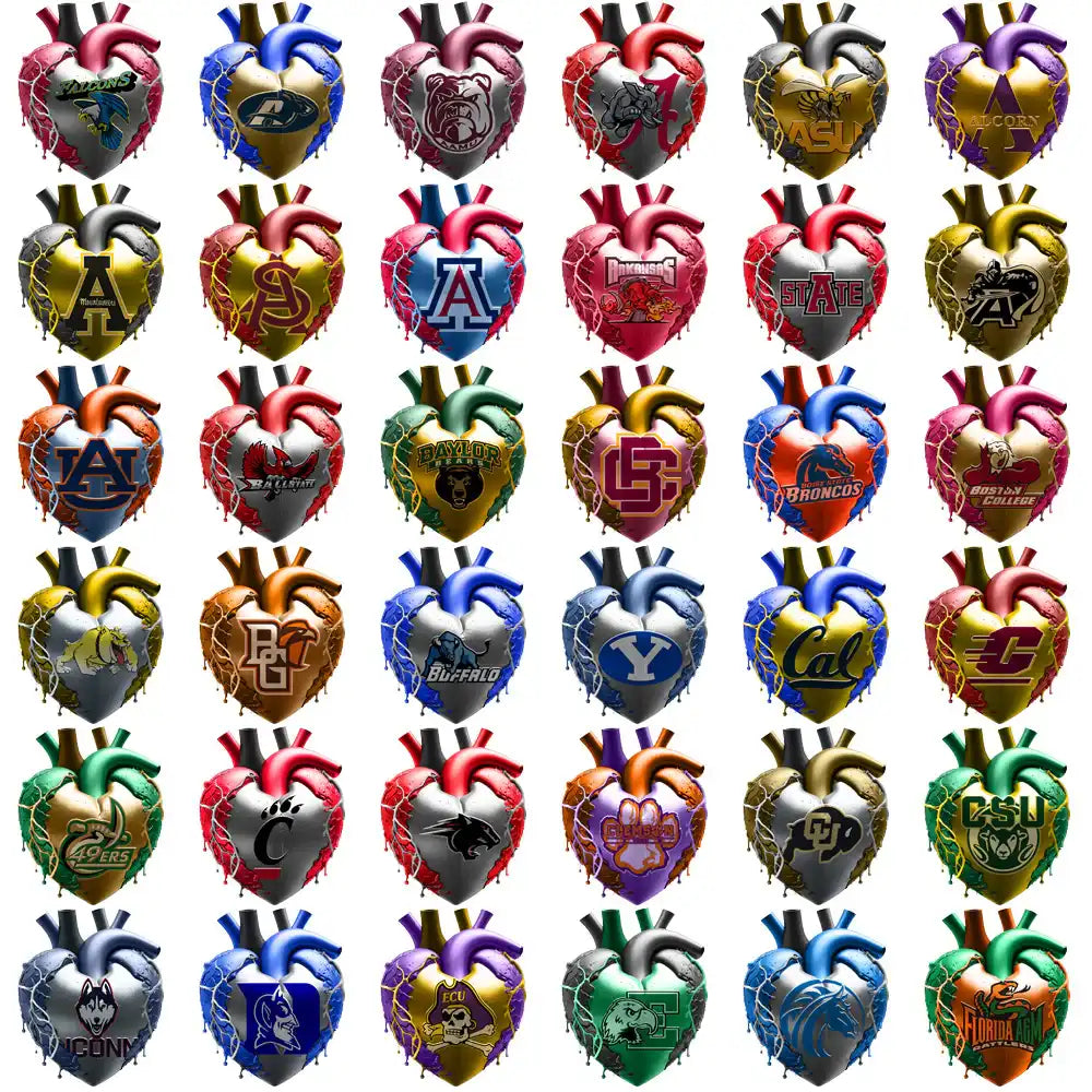 Anatomical heart designs with college team logos, perfect for DTF, DTG, or embroidery projects.
