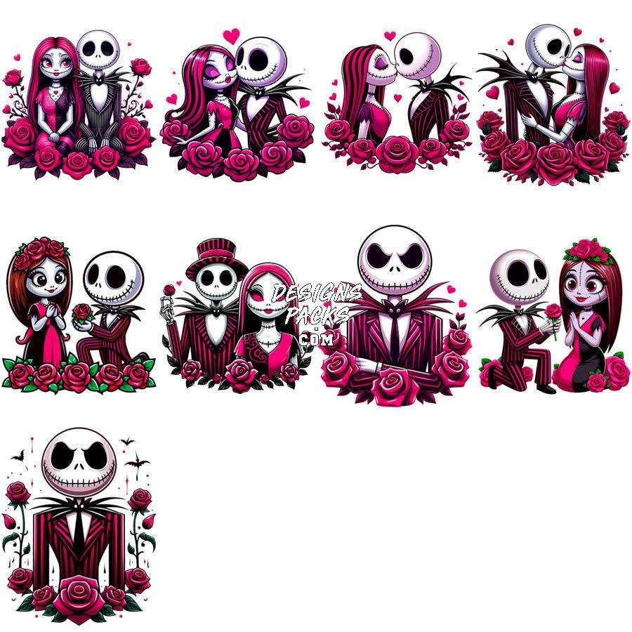 Jack and Sally romantic designs with roses, perfect for DTF, DTG, embroidery, and tumbler wraps