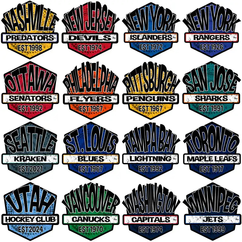 Hockey team logos including Nashville Predators, New Jersey Devils, New York Islanders, Rangers, Ottawa Senators, Philadelphia Flyers, Pittsburgh Penguins, San Jose Sharks, Seattle Kraken, St. Louis Blues, Tampa Bay Lightning, Toronto Maple Leafs, Utah Hockey Club, Vancouver Canucks, Washington Capitals, Winnipeg Jets — print-ready designs for DTF, DTG, embroidery.